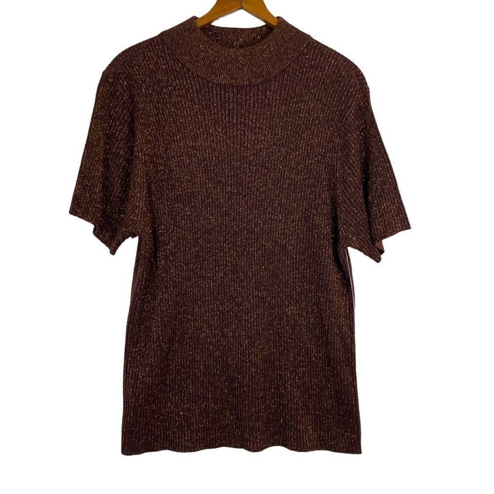 NEW Studio Works Short Sleeve Plum Gold Sweater Size Large